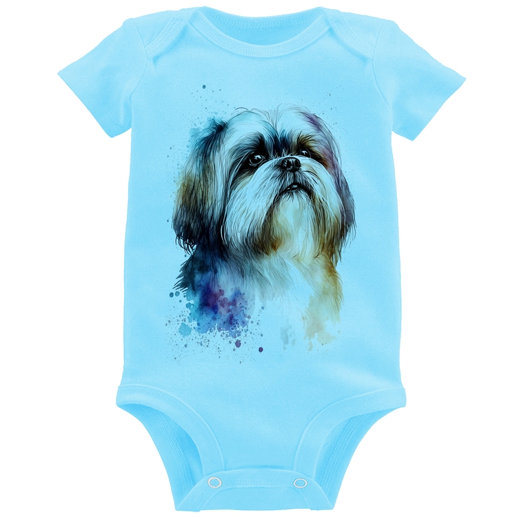 Body Bebê Cachorro Shih Tzu Watercolor - Azul Bebê