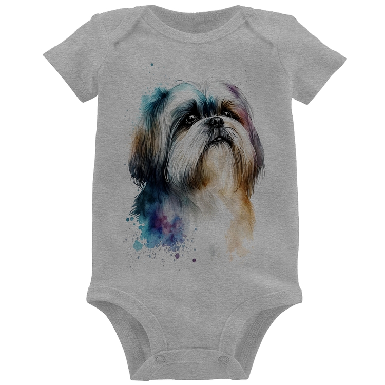 Body Bebê Cachorro Shih Tzu Watercolor - Cinza