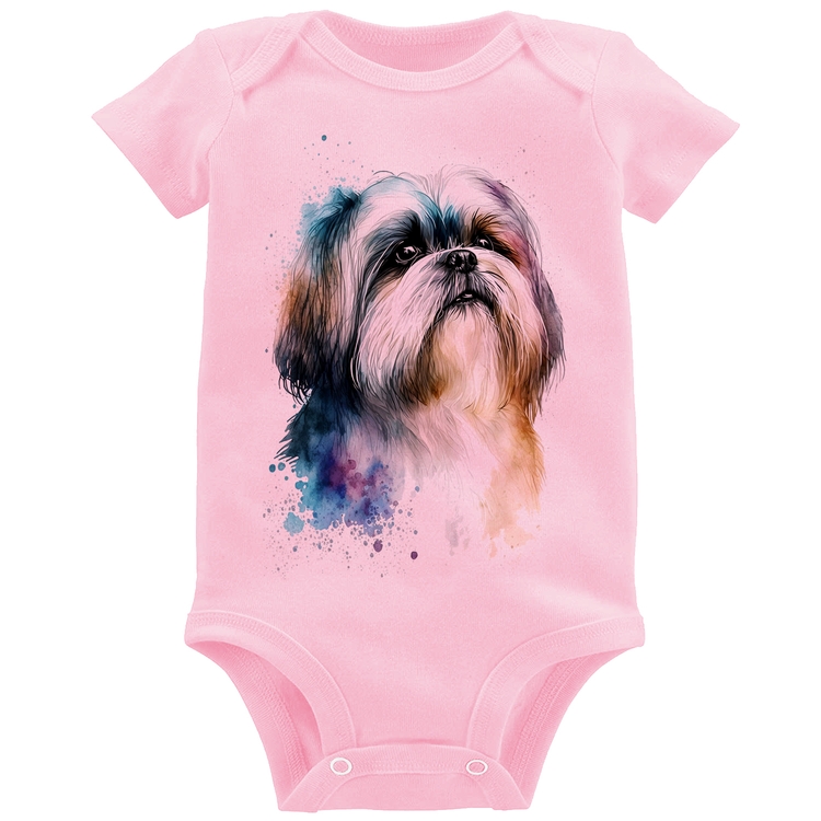 Body Bebê Cachorro Shih Tzu Watercolor - Rosa Bebê