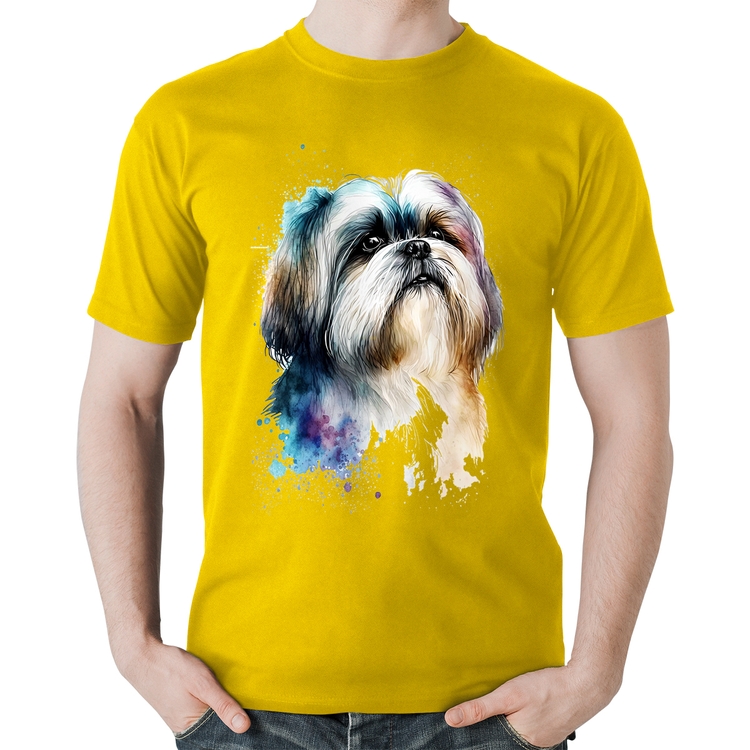 Camiseta Algodão Cachorro Shih Tzu Watercolor - Amarela