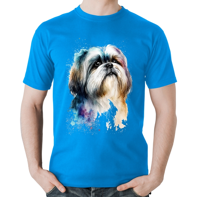 Camiseta Algodão Cachorro Shih Tzu Watercolor - Azul