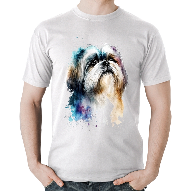 Camiseta Algodão Cachorro Shih Tzu Watercolor - Branca