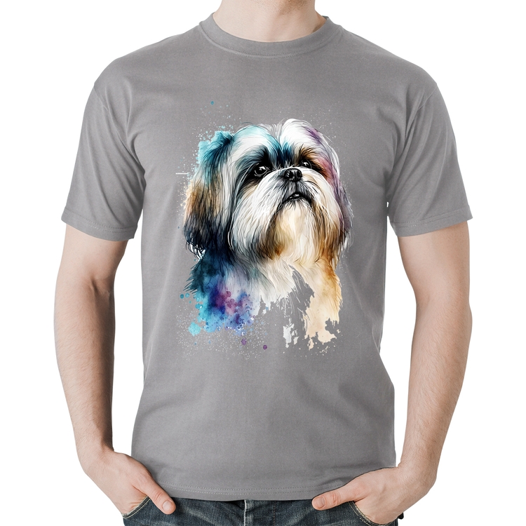 Camiseta Algodão Cachorro Shih Tzu Watercolor - Cinza