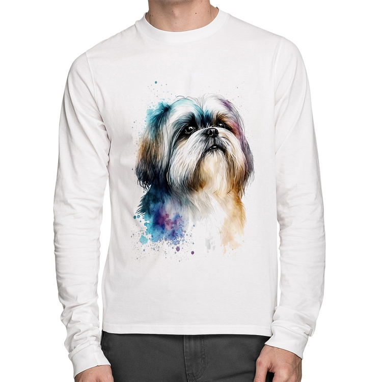 Camiseta Algodão Cachorro Shih Tzu Watercolor Manga Longa - Branca