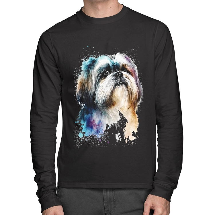 Camiseta Algodão Cachorro Shih Tzu Watercolor Manga Longa