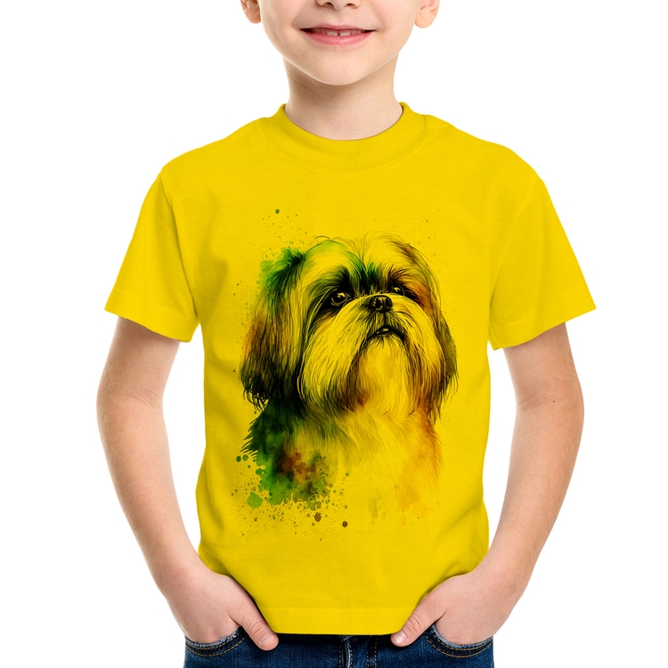 Camiseta Infantil Cachorro Shih Tzu Watercolor - Amarela