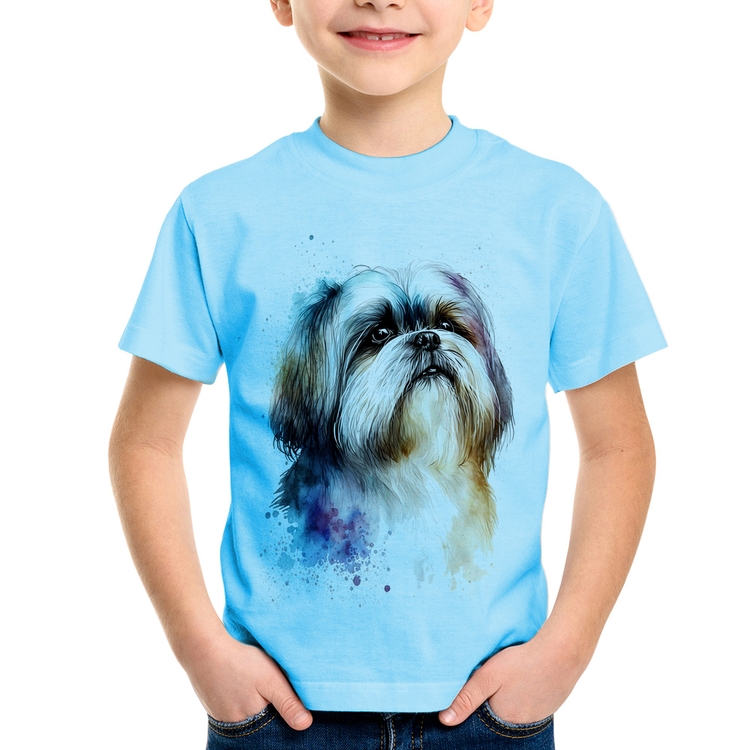 Camiseta Infantil Cachorro Shih Tzu Watercolor - Azul Bebê