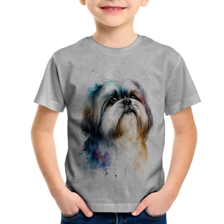 Camiseta Infantil Cachorro Shih Tzu Watercolor - Cinza