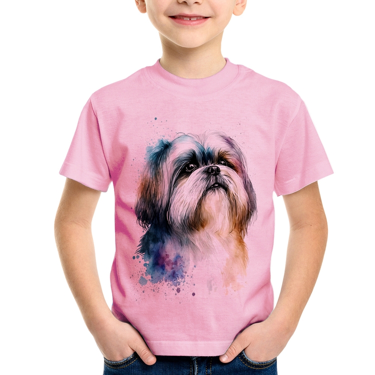 Camiseta Infantil Cachorro Shih Tzu Watercolor - Rosa Bebê