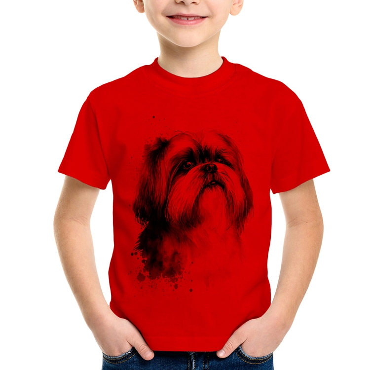 Camiseta Infantil Cachorro Shih Tzu Watercolor - Vermelha