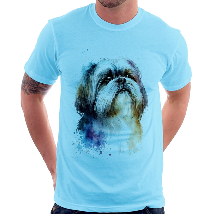 Camiseta Cachorro Shih Tzu Watercolor - Azul Bebê