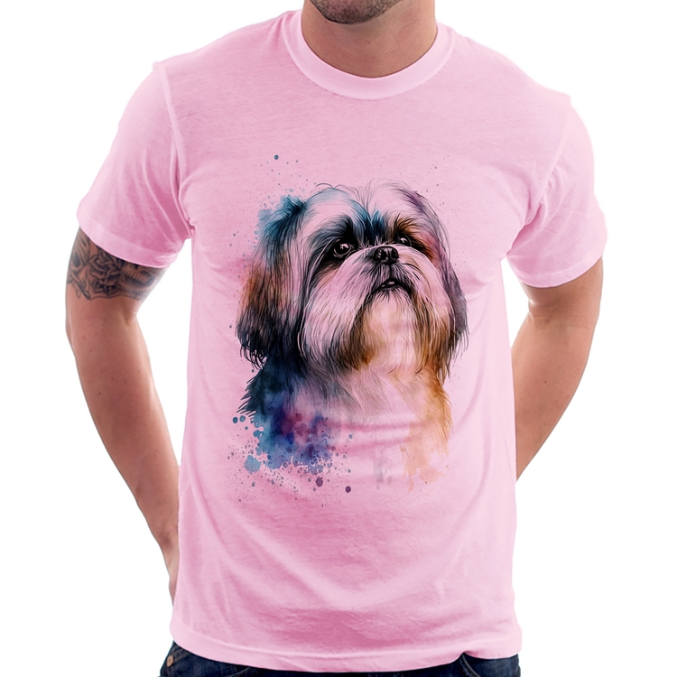 Camiseta Cachorro Shih Tzu Watercolor - Rosa Bebê