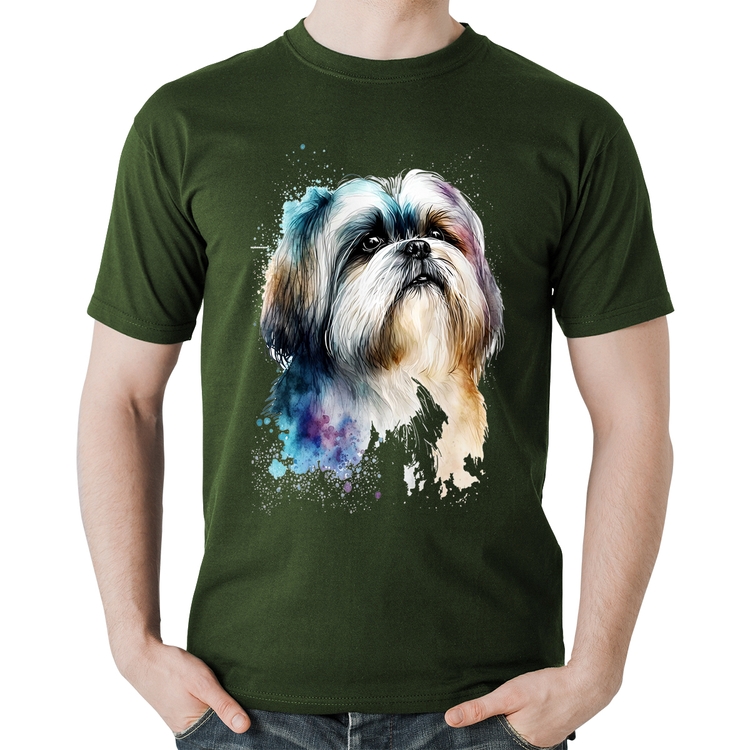 Camiseta Algodão Cachorro Shih Tzu Watercolor - Musgo