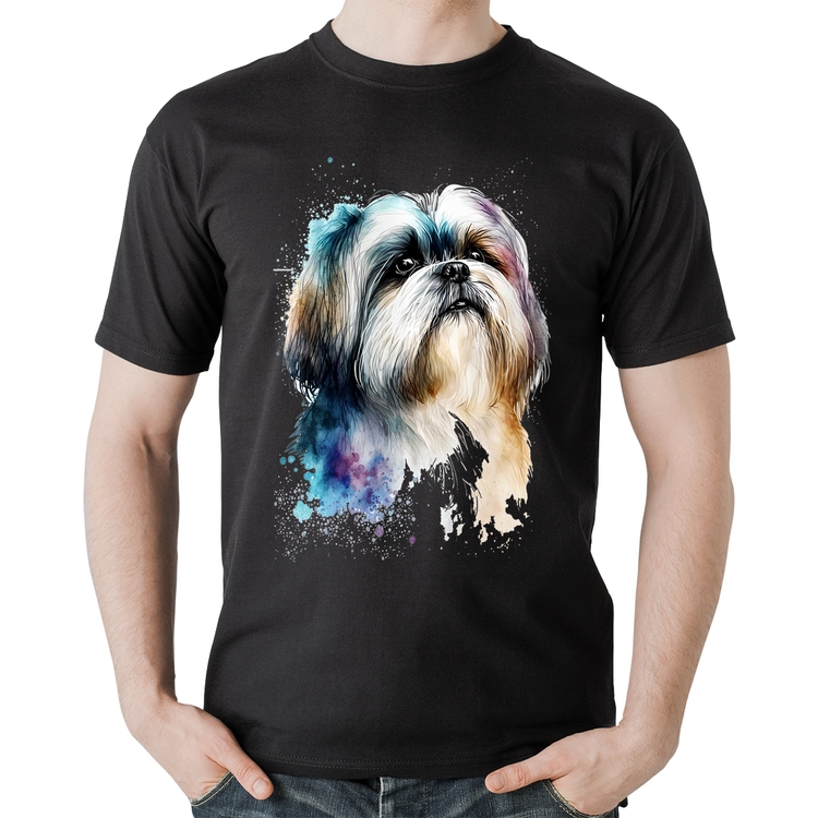 Camiseta Algodão Cachorro Shih Tzu Watercolor