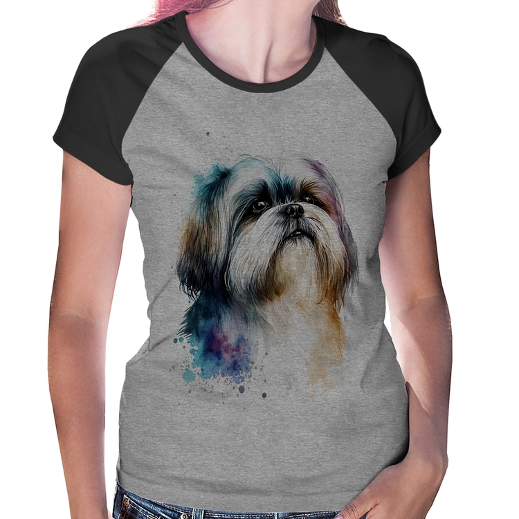 Baby Look Raglan Cachorro Shih Tzu Watercolor - Cinza/Preto