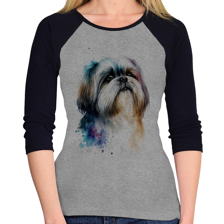 Baby Look Raglan Cachorro Shih Tzu Watercolor Manga 3/4 - Cinza/Preto