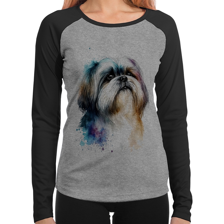 Baby Look Raglan Cachorro Shih Tzu Watercolor Manga Longa - Cinza/Preto