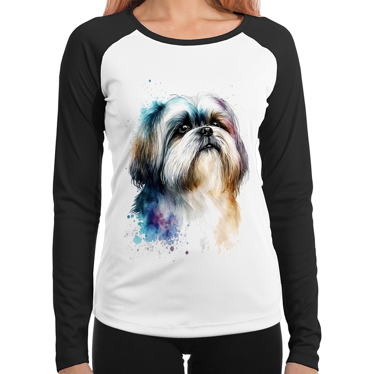 Baby Look Raglan Cachorro Shih Tzu Watercolor Manga Longa