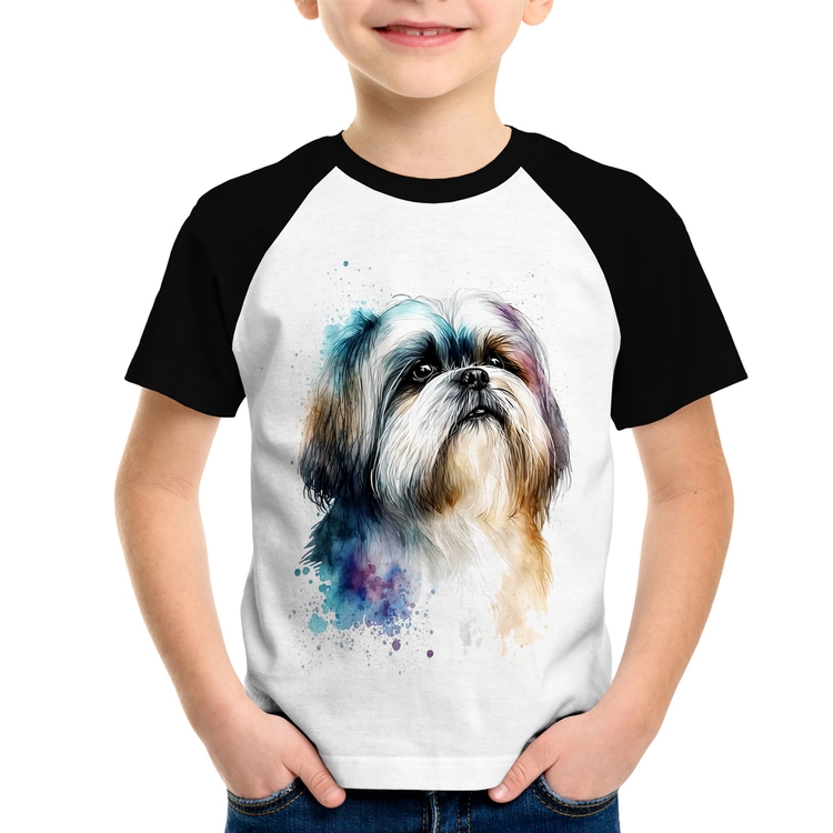 Camiseta Raglan Infantil Cachorro Shih Tzu Watercolor