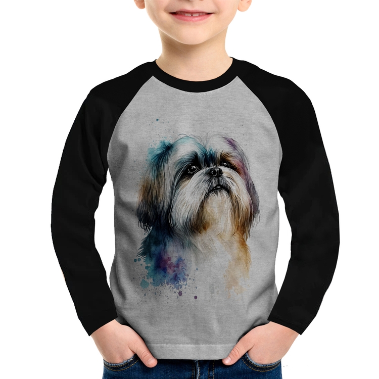 Camiseta Raglan Infantil Cachorro Shih Tzu Watercolor Manga Longa - Cinza/Preto