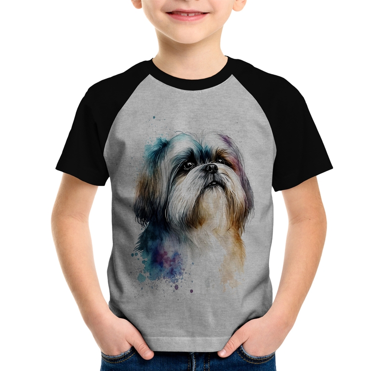 Camiseta Raglan Infantil Cachorro Shih Tzu Watercolor - Cinza/Preto