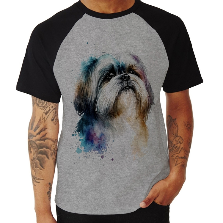 Camiseta Raglan Cachorro Shih Tzu Watercolor - Cinza/Preto