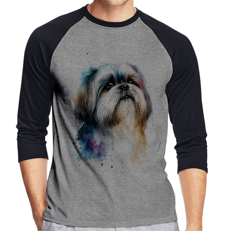 Camiseta Raglan Cachorro Shih Tzu Watercolor Manga 3/4 - Cinza/Preto