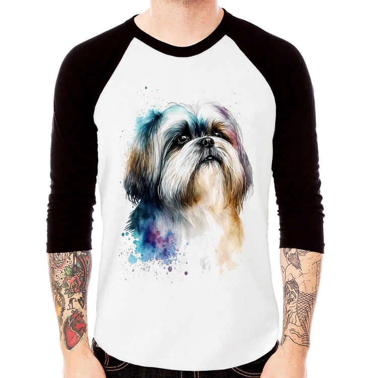 Camiseta Raglan Cachorro Shih Tzu Watercolor Manga 3/4
