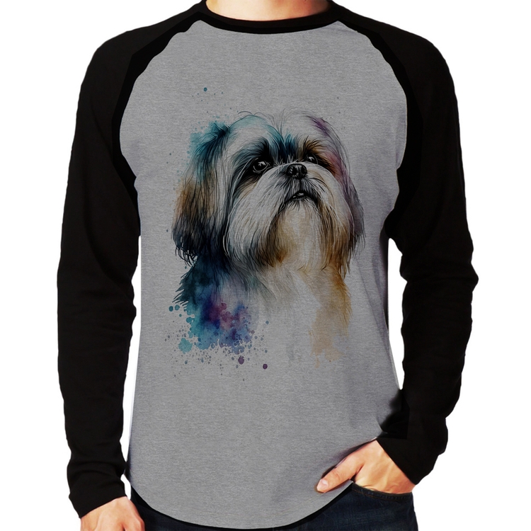 Camiseta Raglan Cachorro Shih Tzu Watercolor Manga Longa - Cinza/Preto