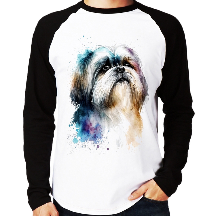 Camiseta Raglan Cachorro Shih Tzu Watercolor Manga Longa