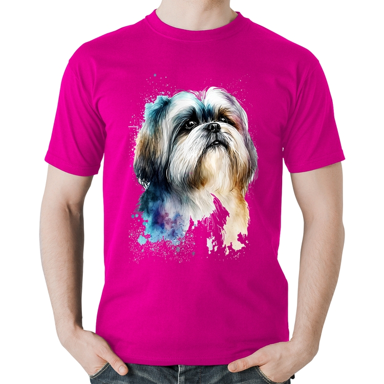 Camiseta Algodão Cachorro Shih Tzu Watercolor - Rosa