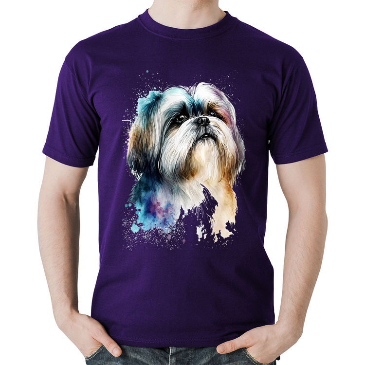 Camiseta Algodão Cachorro Shih Tzu Watercolor - Roxa