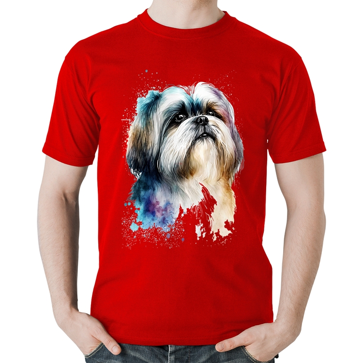 Camiseta Algodão Cachorro Shih Tzu Watercolor - Vermelha