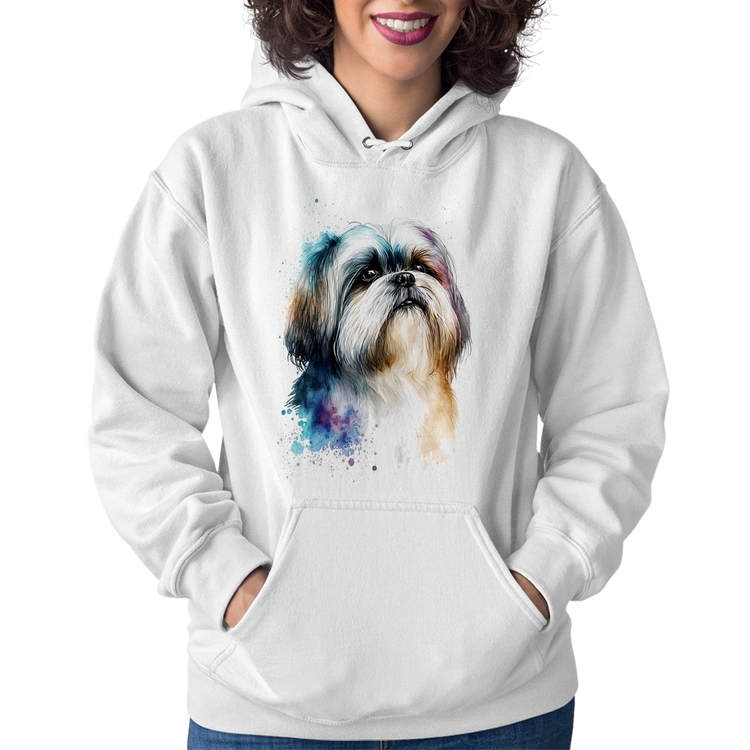 Moletom Feminino Cachorro Shih Tzu Watercolor - Branco