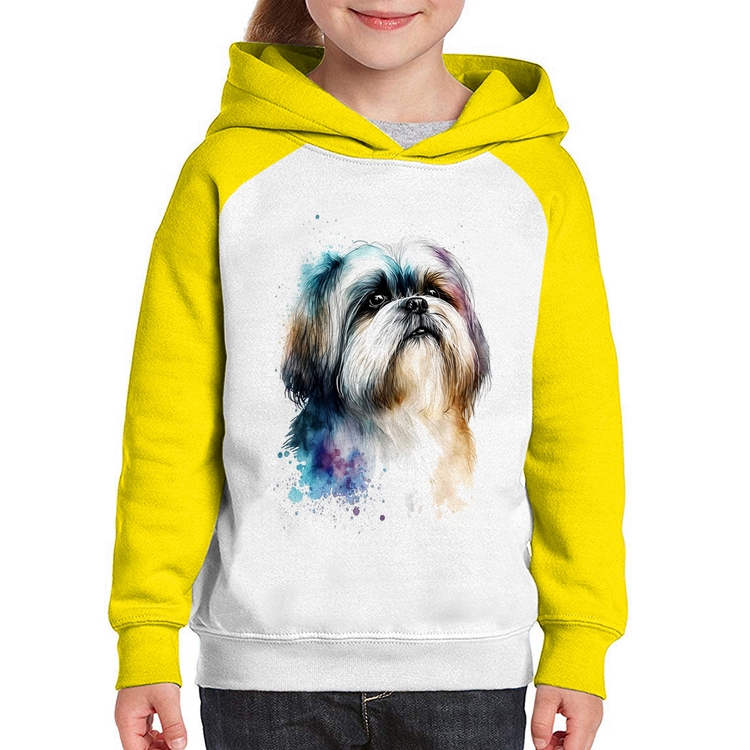 Moletom Infantil Cachorro Shih Tzu Watercolor - Branco/Amarelo