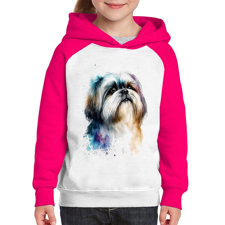 Moletom Infantil Cachorro Shih Tzu Watercolor - Branco/Rosa