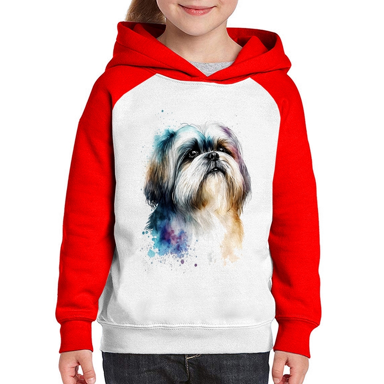 Moletom Infantil Cachorro Shih Tzu Watercolor - Branco/Vermelho