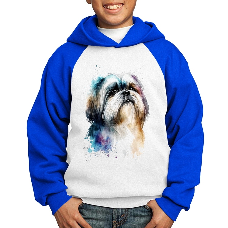 Moletom Infantil Cachorro Shih Tzu Watercolor - Branco/Azul