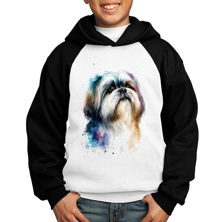 Moletom Infantil Cachorro Shih Tzu Watercolor - Branco/Preto