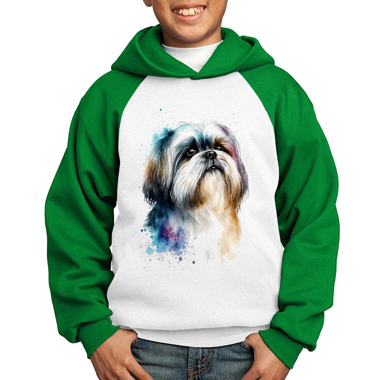 Moletom Infantil Cachorro Shih Tzu Watercolor - Branco/Verde