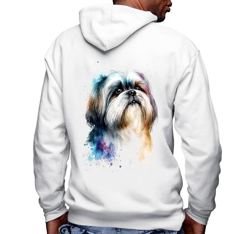 Blusa Moletom Cachorro Shih Tzu Watercolor Masculina com Capuz e Zíper - Branca