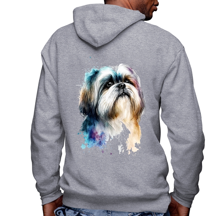 Blusa Moletom Cachorro Shih Tzu Watercolor Masculina com Capuz e Zíper - Mescla