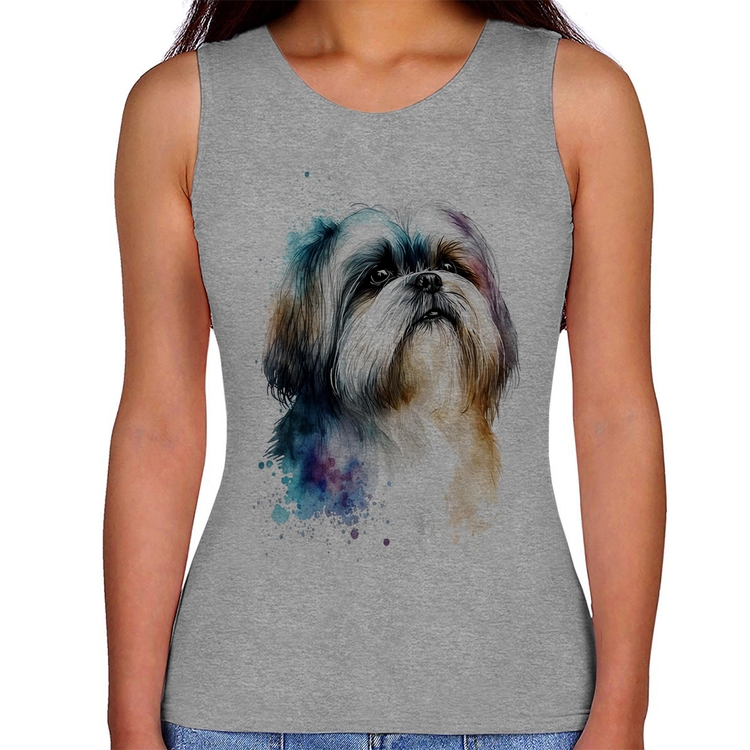 Regata Feminina Cachorro Shih Tzu Watercolor - Cinza