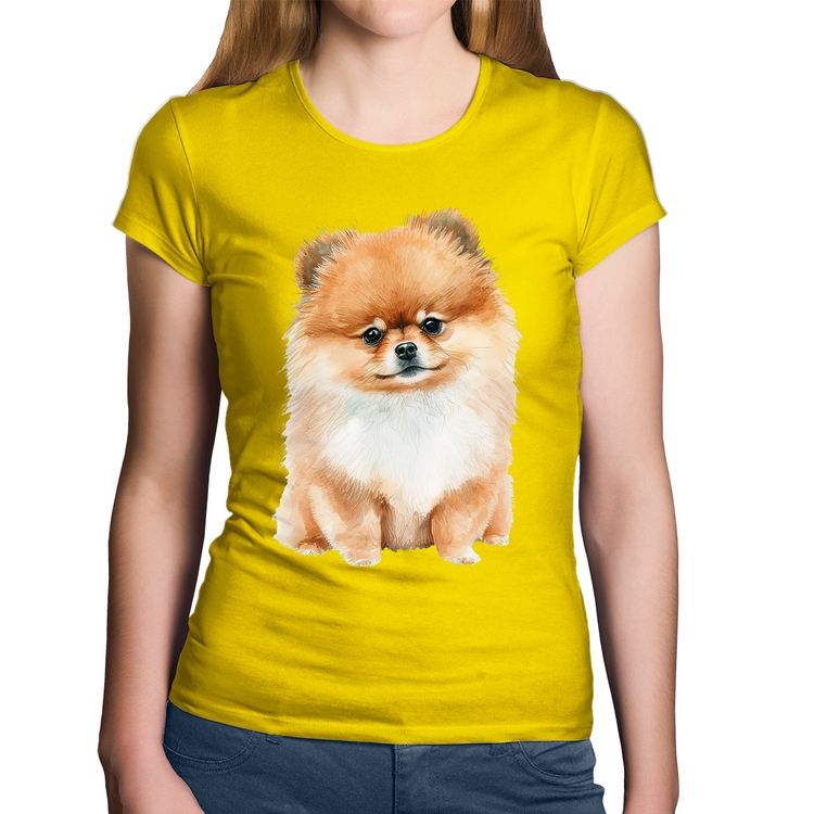 Baby Look Algodão Cachorro Spitz Alemão Lulu da pomerânia - Amarela