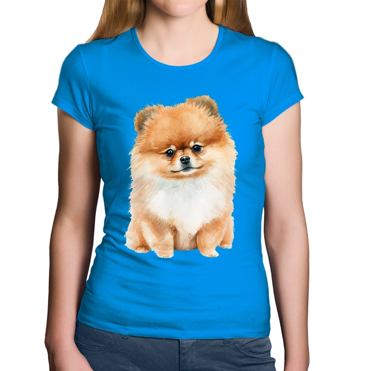 Baby Look Algodão Cachorro Spitz Alemão Lulu da pomerânia - Azul