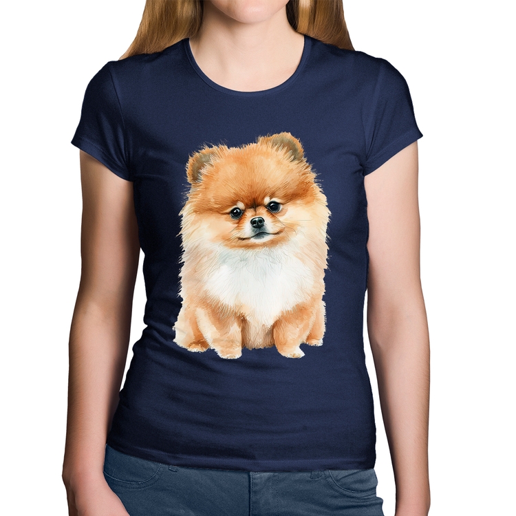 Baby Look Algodão Cachorro Spitz Alemão Lulu da pomerânia - Marinho