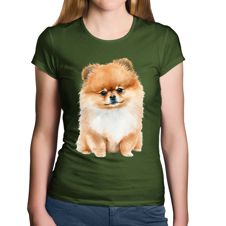 Baby Look Algodão Cachorro Spitz Alemão Lulu da pomerânia - Musgo