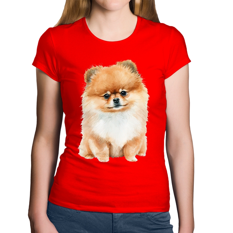 Baby Look Algodão Cachorro Spitz Alemão Lulu da pomerânia - Vermelha