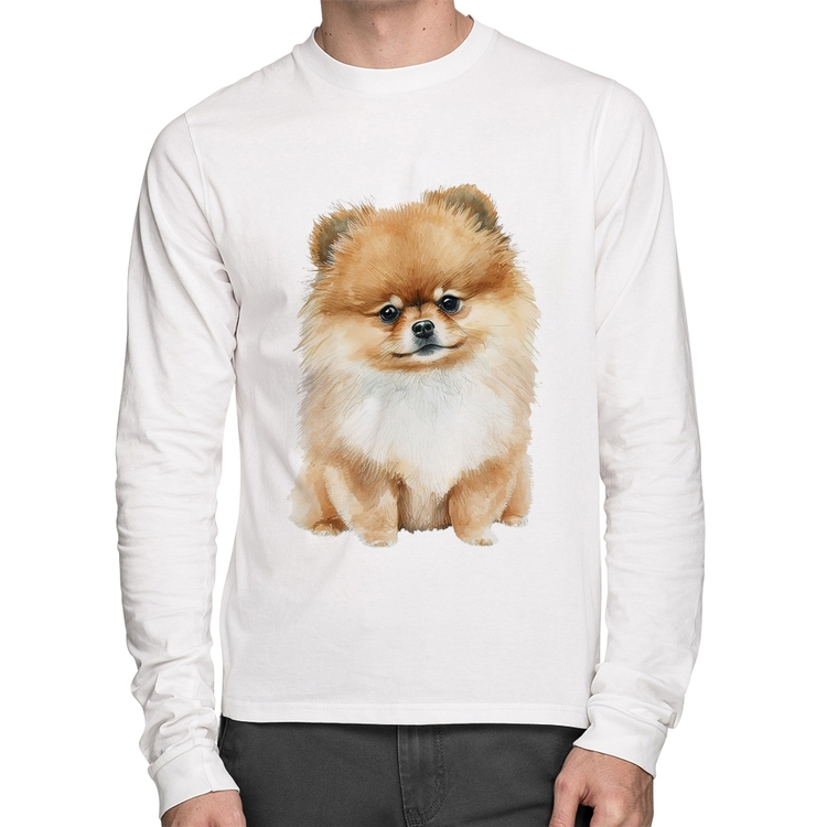 Camiseta Algodão Cachorro Spitz Alemão Lulu da pomerânia Manga Longa - Branca