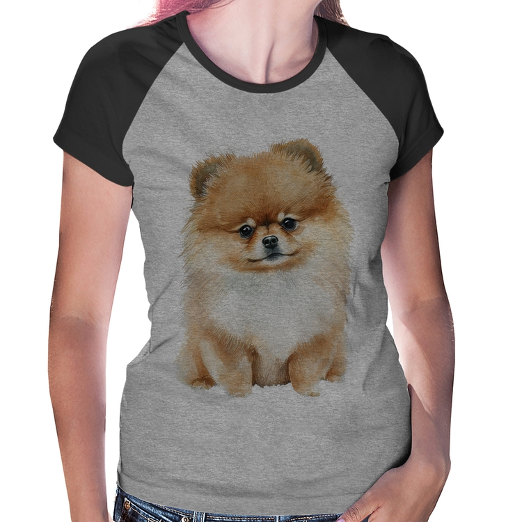 Baby Look Raglan Cachorro Spitz Alemão Lulu da pomerânia - Cinza/Preto